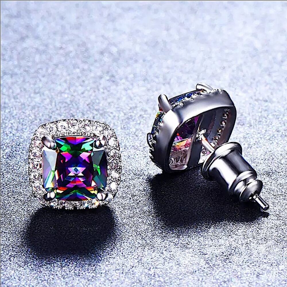 Mystic Fire Topaz Stud Earrings, Square, Princess Cut - Picture 6 of 10